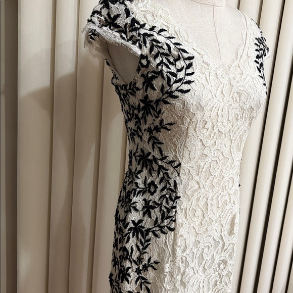 Adrianna Papell White Lace black embroidered sides Midi sheath Dress  V neck 6 - Picture 5 of 16